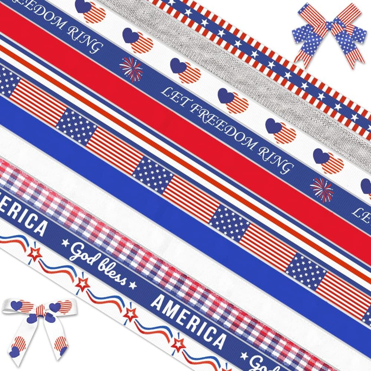 12 Rolls Patriotic Grosgrain Ribbon Set – 3/8" Red White & Blue Star Stripe Ribbon for Memorial Day, 4th of July, American Flag Gift Wrapping, Buffalo Plaid Crafts & Party Decorations